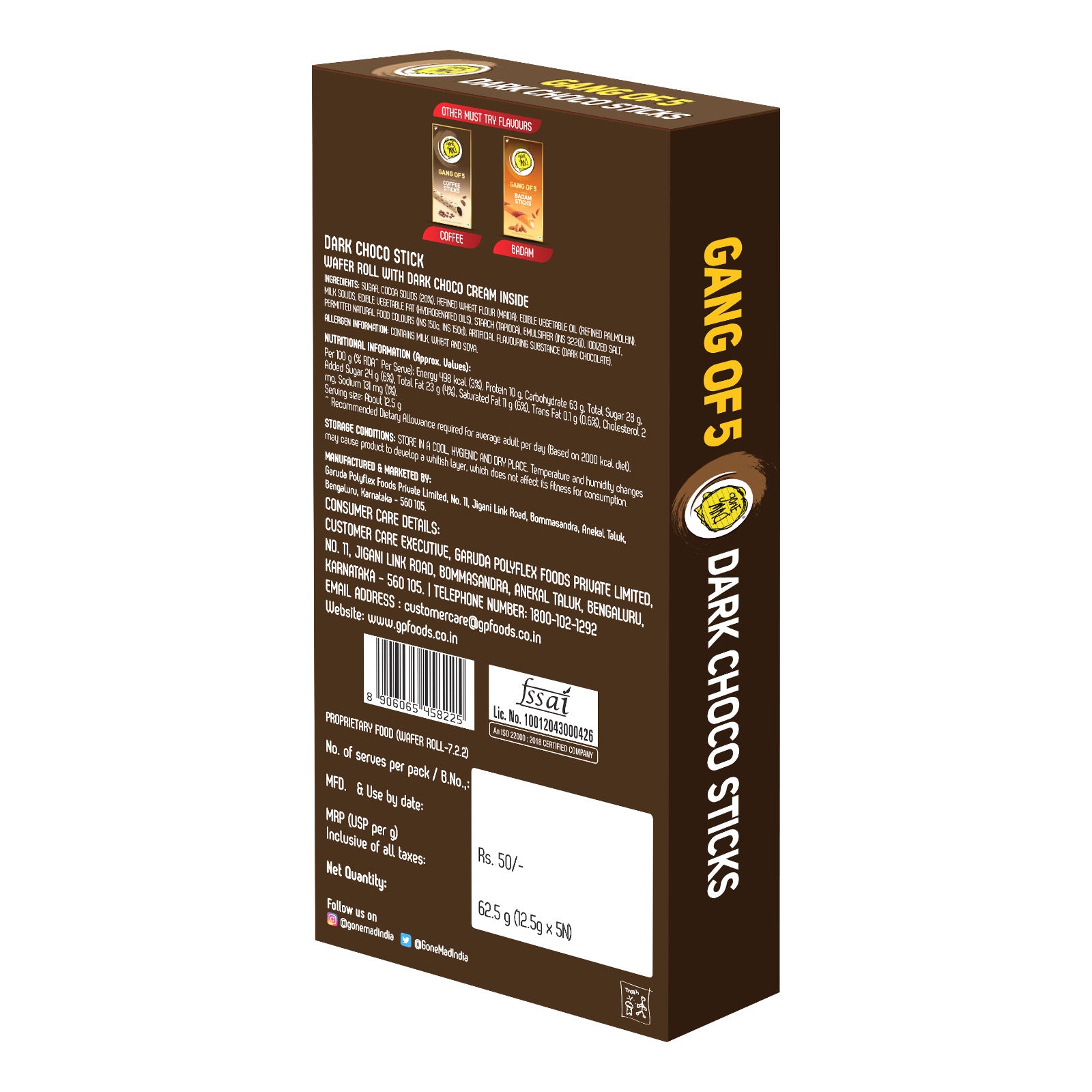 Gone Mad Gan of 5 Choco Sticks - Crispy, Creamy & Delicious Chocolate Snack, Pack of 3 (187g)