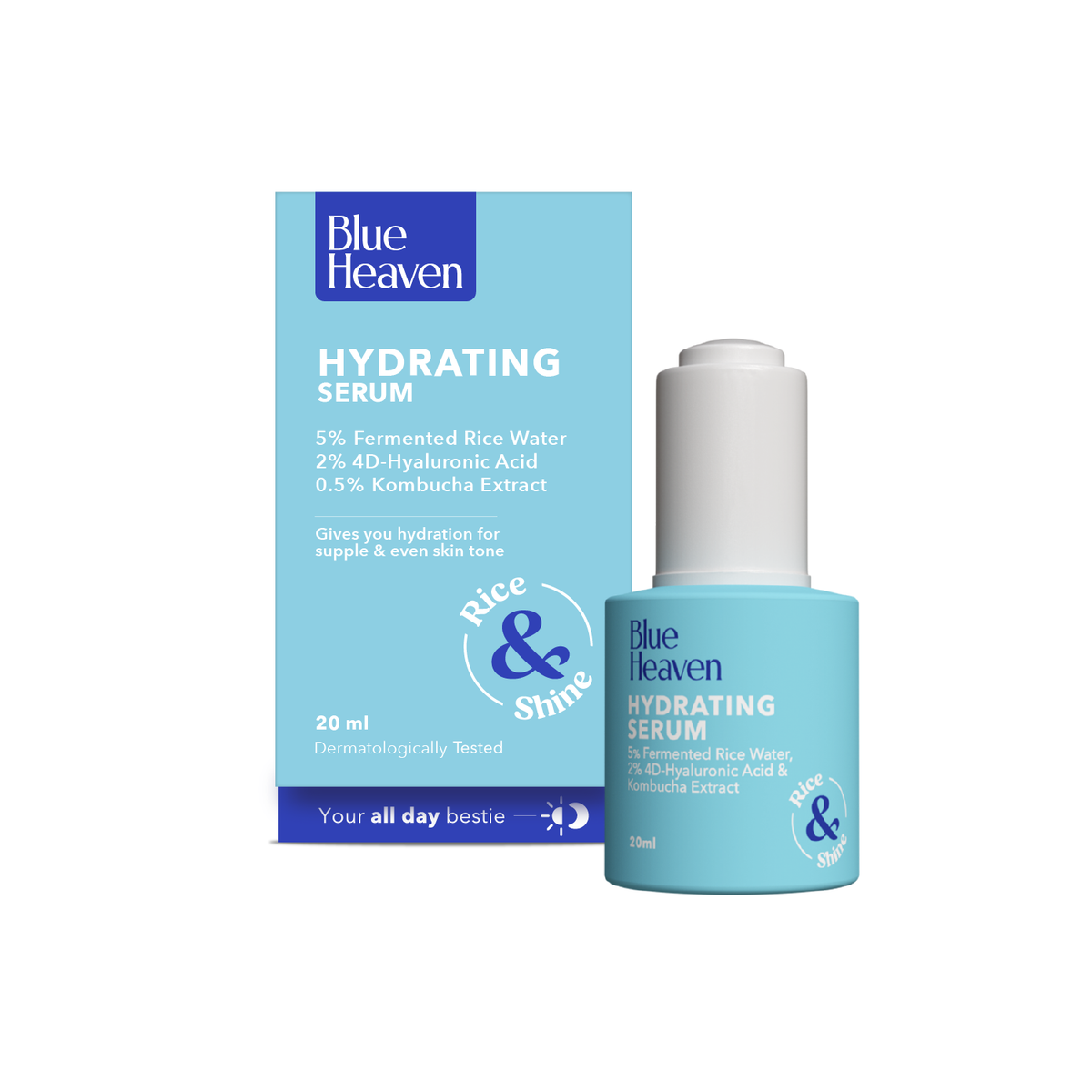 Blue Heaven Hydrating Face Serum for Women infused 5% Fermented Rice Water + 2% 4D Hyaluronic Acid + 0.5% Kombucha Extract | Increase Skin Elasticity | Glowing Skin & Reduces Fine Lines, 20ml