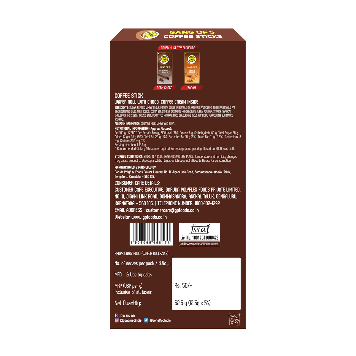 Gone Mad Gang of 5 Coffee Sticks – Crispy, Creamy Pack of 3 (187g)