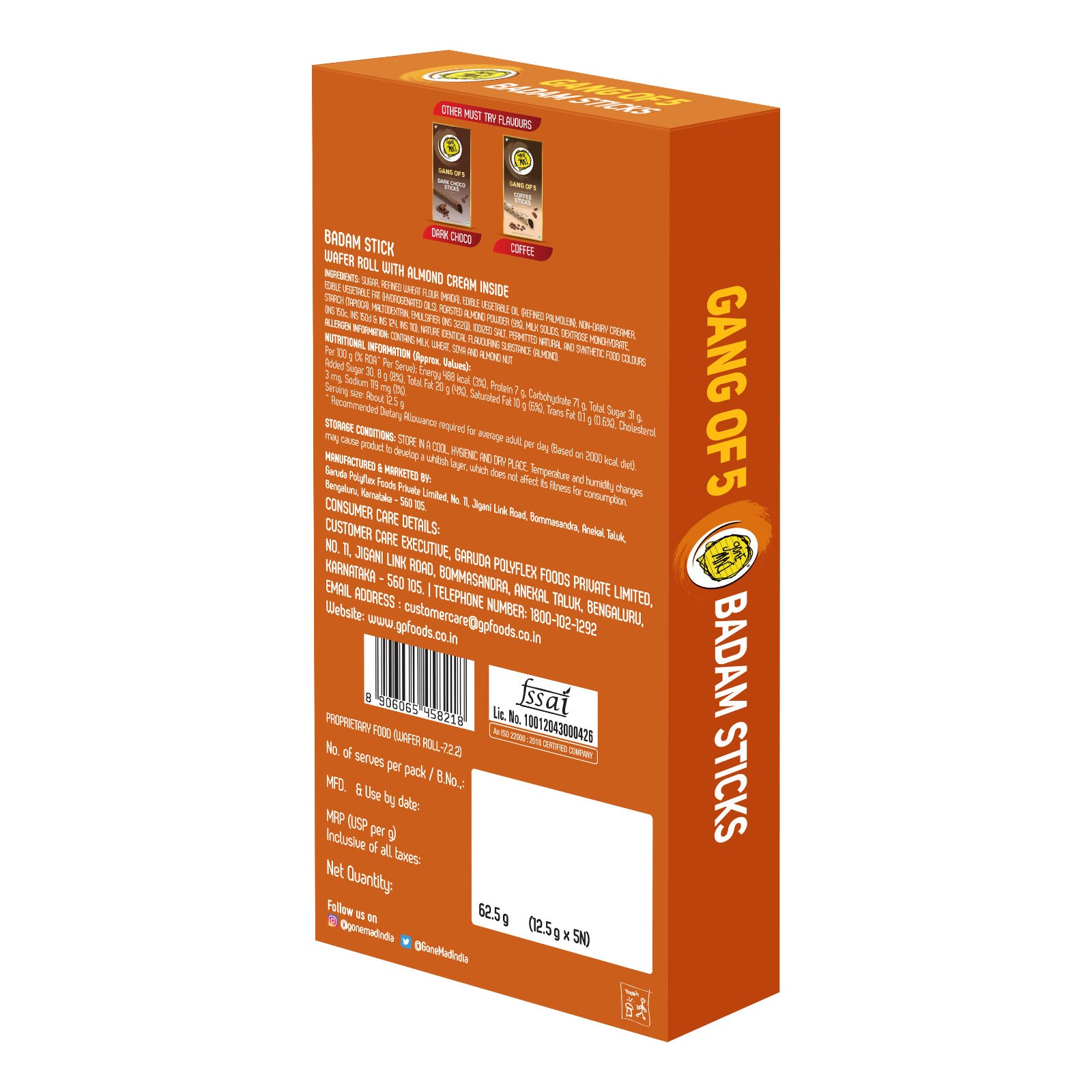 Gone Mad Gan of 5 Badam Sticks – Crispy, Creamy & Delicious Snack, Pack of 3 (187g)