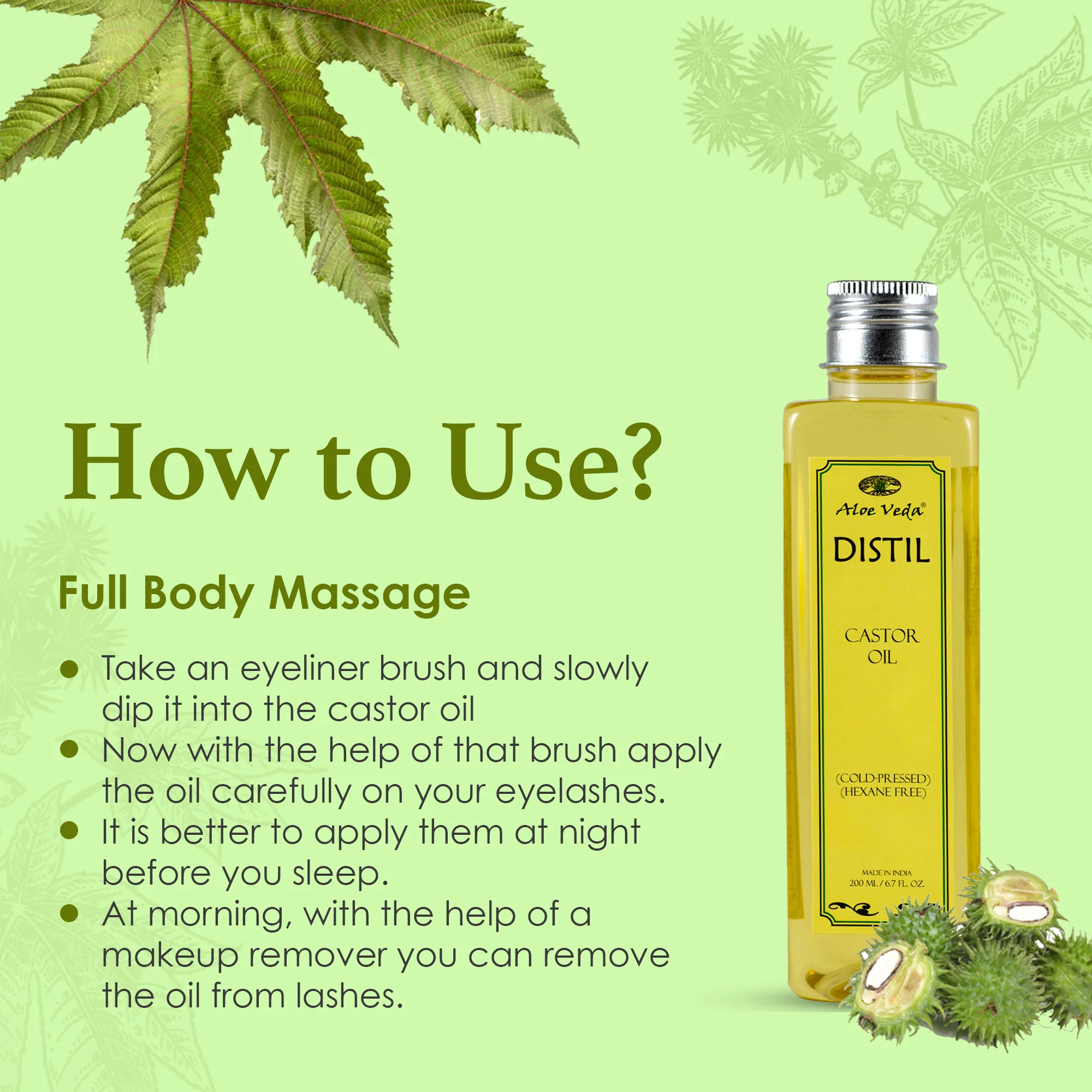 Aloe Veda Distil 100% Pure Cold-Pressed Castor Oil for Hair Growth, Skin Care, Moisturising Dry Skin, Nails, Eyelash, 200ml