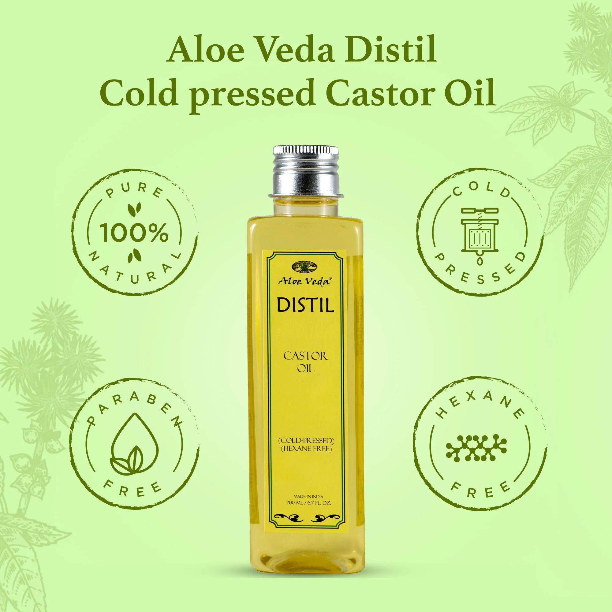 Aloe Veda Distil 100% Pure Cold-Pressed Castor Oil for Hair Growth, Skin Care, Moisturising Dry Skin, Nails, Eyelash, 200ml