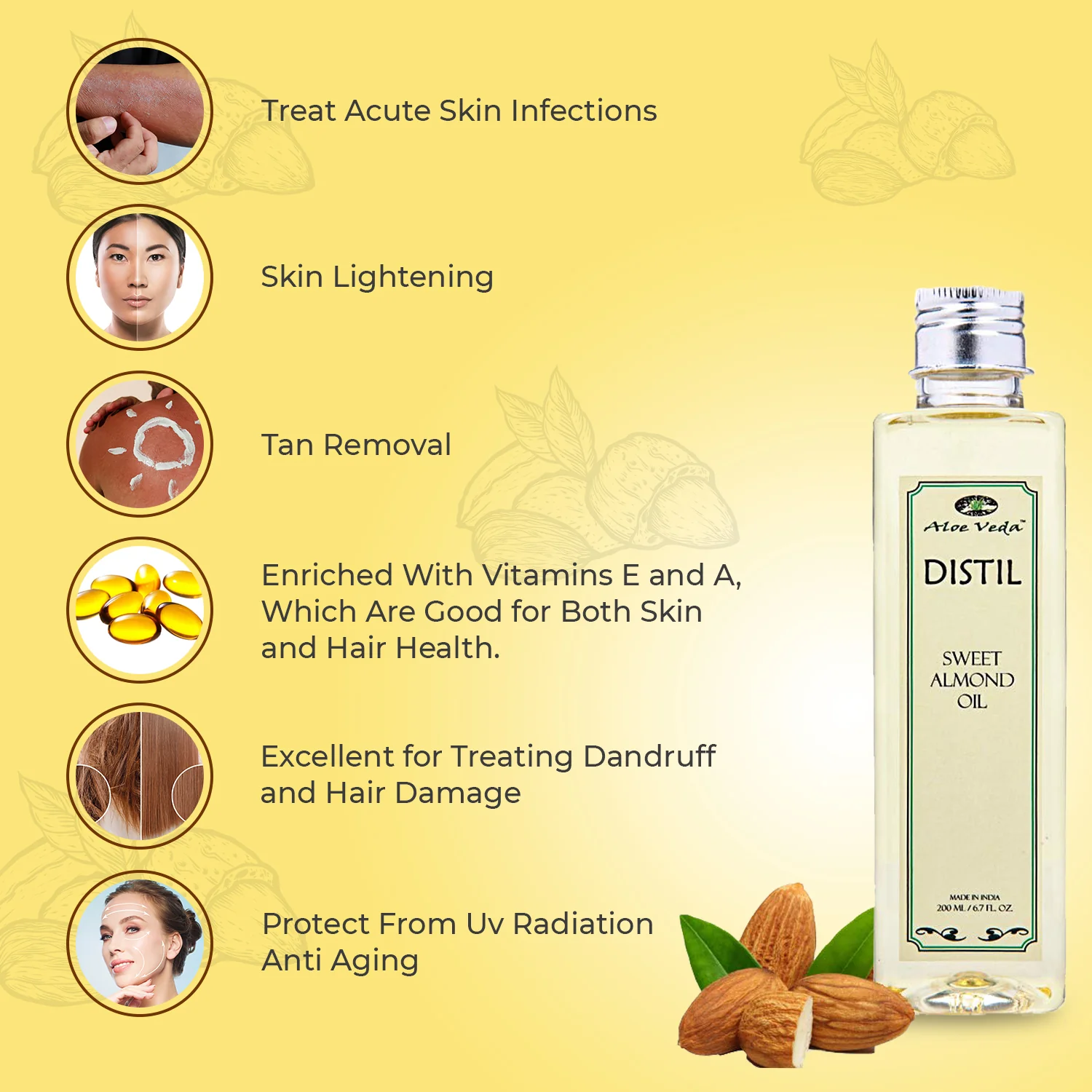 Aloe Veda Distil Cold Pressed Sweet Almond Oil for Hair and Skin,200ml