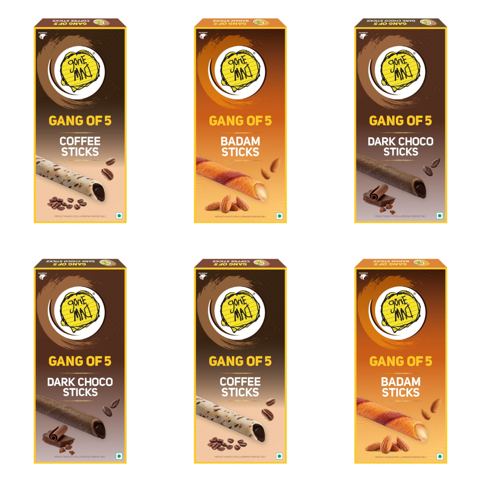 Gone Mad Gang of 5 Badam, Coffee & Dark Choco Sticks Snack, Pack of 6 Wafers
